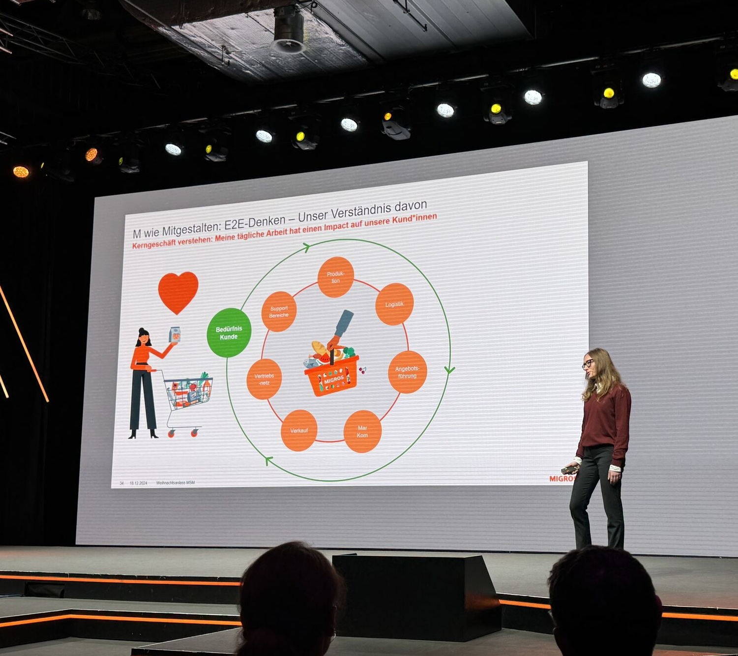 Presentation slide about end-to-end thinking on a large stage.