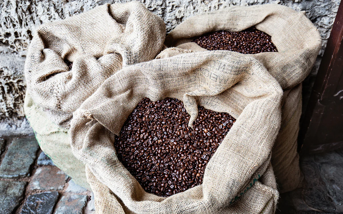 Coffee beans in burlap sacks.